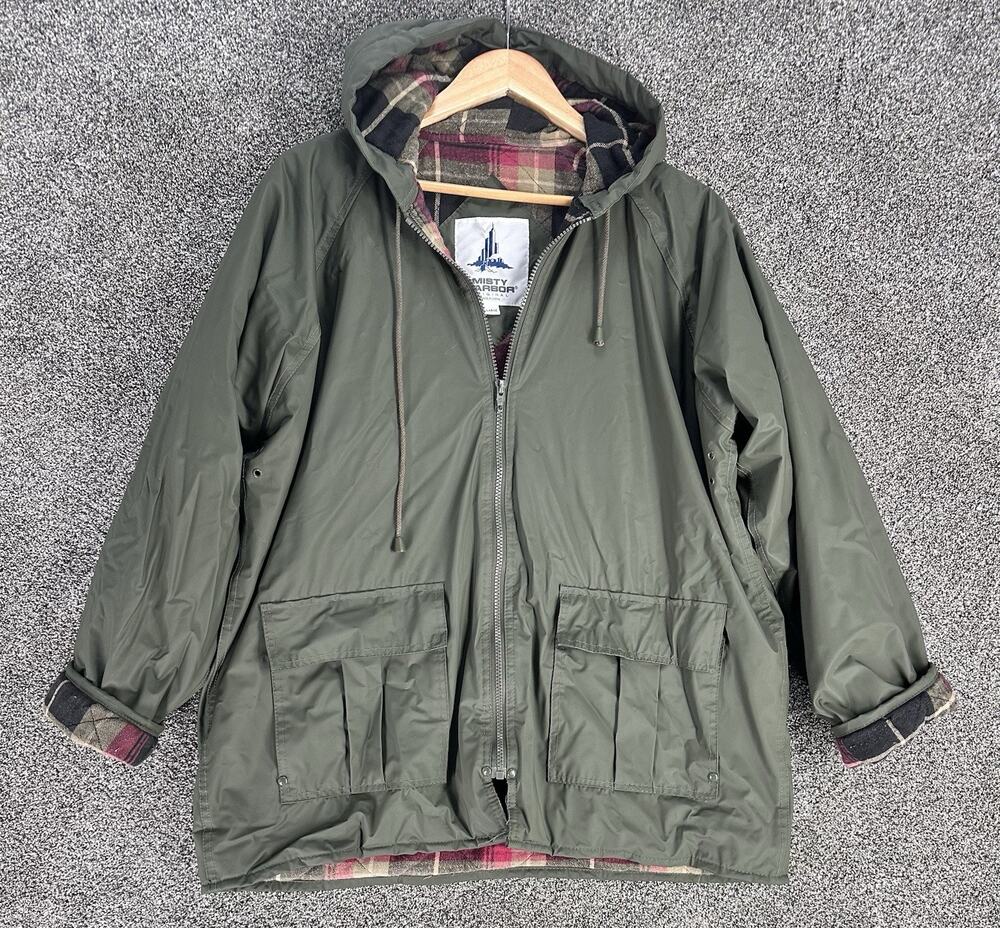 MISTY HARBOR WOMEN'S GREEN W/PLAID Flannel LINING HOODED RAIN COAT ~ Large